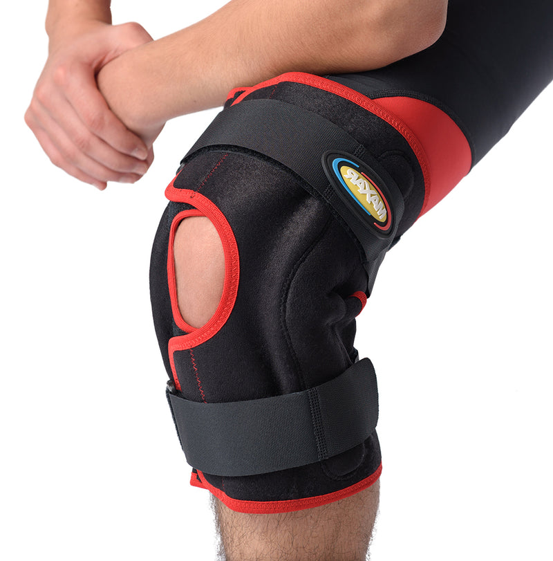 MAXAR Airprene (Breathable Neoprene) Wrap-Around Knee Brace (Double-Pivot Hinge) - Black w/Red Trim