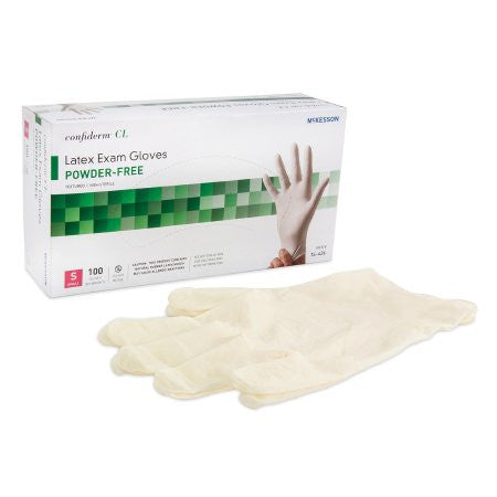 Features McKesson Confiderm CL Latex Exam Gloves Small Powder-Free Beaded cuff. Non-Sterile Ambidextrous Single use only. Textured fingertips help ensure slip resistance in wet or dry conditions and provide excellent tactile sensitivity.